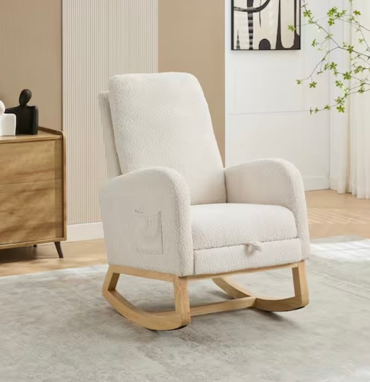 Ivory Boucle Fabric Rocking Chair with Retractable Footrest – Luckally